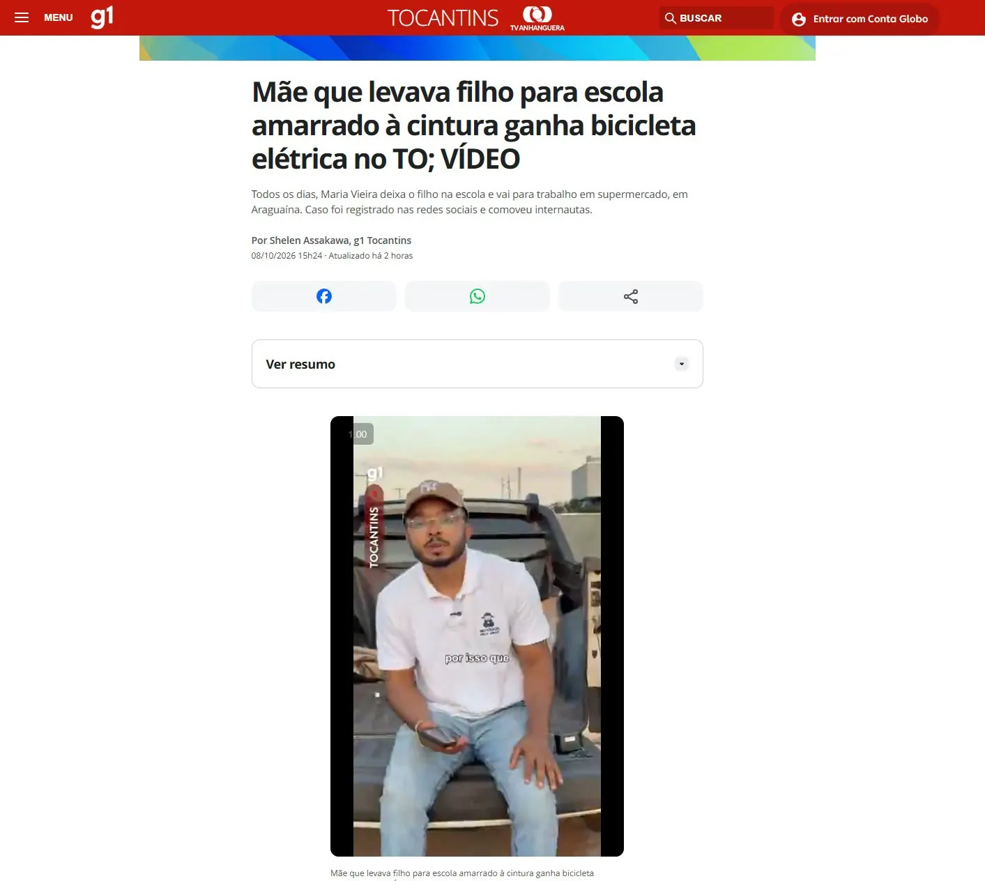 Reportagem do g1 Tocantins sobre a entrega de uma bicicleta elétrica a uma mãe de Araguaína